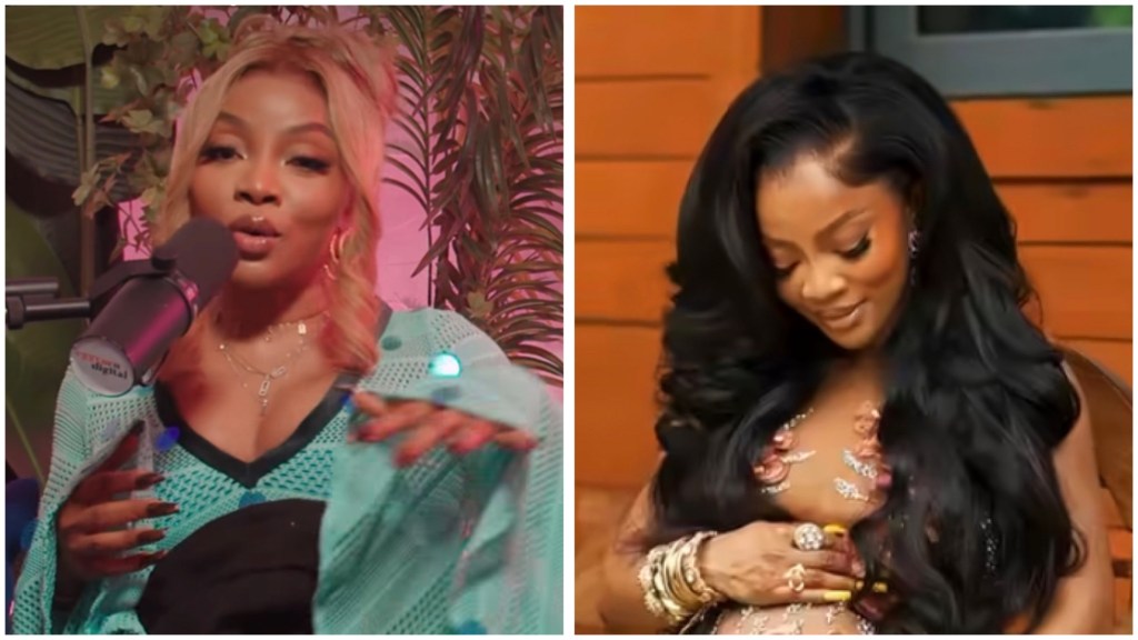 Toke Makinwa speaking into a podcast mic in a teal knit; right, glamorous portrait cradling a baby bump in a floral beaded gown.