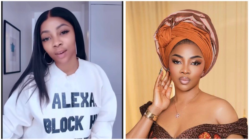 Toke Makinwa in relaxed home video on the left, studio shot in gele and beaded dress on the right.