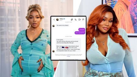 Toke Makinwa poses in stylish outfits, while a screenshot of her Instagram DM with media personality Toolz reveals a message about a dream involving Toke as a mother with a little girl.