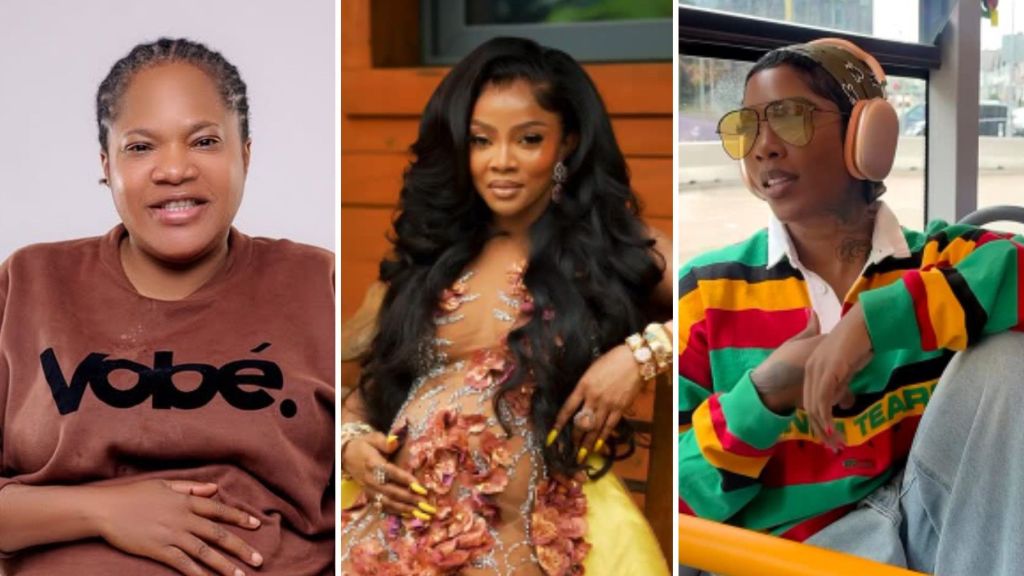 Toyin Abraham in a brown sweatshirt, Toke Makinwa in a floral dress holding her baby bump, and Tiwa Savage in a striped rugby shirt with large headphones.