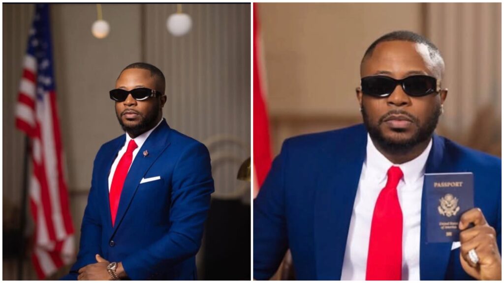 Tunde Ednut in a blue suit and red tie holds a U.S. passport as he questions social media culture in a viral Instagram post.