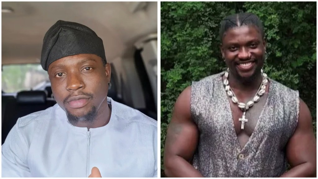 Nigerian socialite Verydarkman in a traditional outfit and cap inside a car, and also him smiling outdoors in a sleeveless top with shell and cross necklaces.