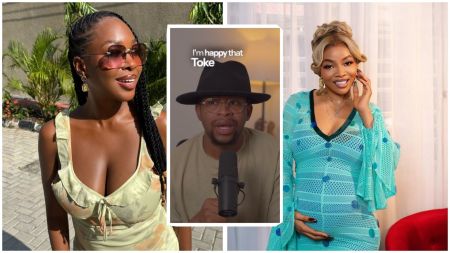 BBNaija star Vee, writer Solomon Buchi and media host Toke Makinwa in a collage, with Vee posing in sunglasses, Solomon speaking into a microphone, and Toke cradling her baby bump in a turquoise dress.
