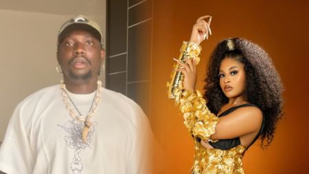 Nigerian activist Verydarkman in a casual outfit with shell and fang necklace (left) and Big Brother Naija star Phyna posing in a golden floral-themed outfit against an orange backdrop (right).