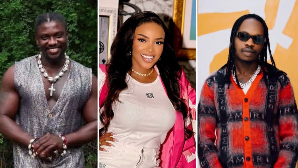 Verydarkman, a muscular man with braided hair wearing a sleeveless silver outfit and multiple necklaces; Iyabo Ojo, a woman with long dark hair in a white top and pink jacket; and Naira Marley, a man with long dreadlocks wearing sunglasses and a red patterned cardigan with a silver chain necklace.