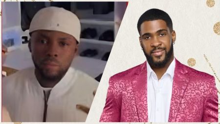 Split frame shows Vic Matt in a white cap and cream outfit indoors (left), beside BBNaija housemate Bright Morgan in a pink patterned blazer on a light backdrop (right).