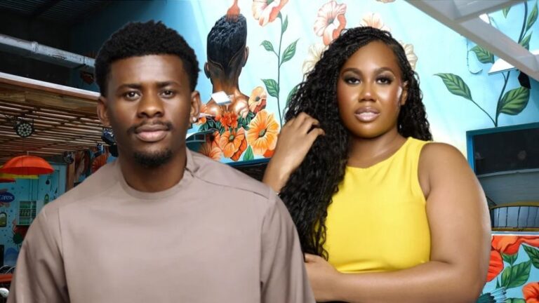 BBNaija Season 10 housemates Victory and Jasmine pose confidently in front of a vibrant floral mural inside the Big Brother house.