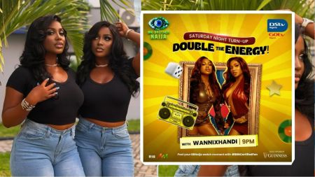 BBNaija Saturday Night Party DJs Wanni and Handi Danbaki pose together outdoors in matching black tops and blue jeans, alongside a colourful Big Brother Naija party poster announcing their set themed “Double the Energy.”