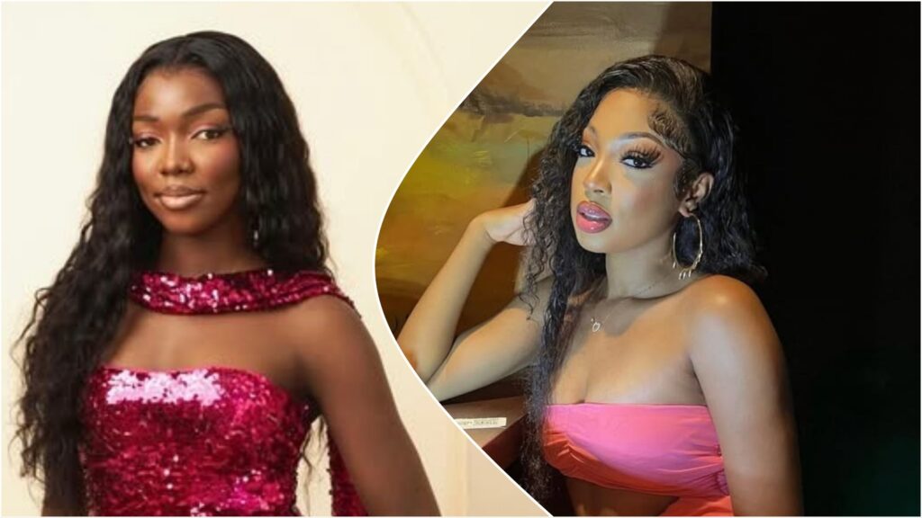 BBNaija Season 10 housemates Zita in a sparkling pink sequin dress and Mode in a pink strapless top, posing separately in stylish settings.