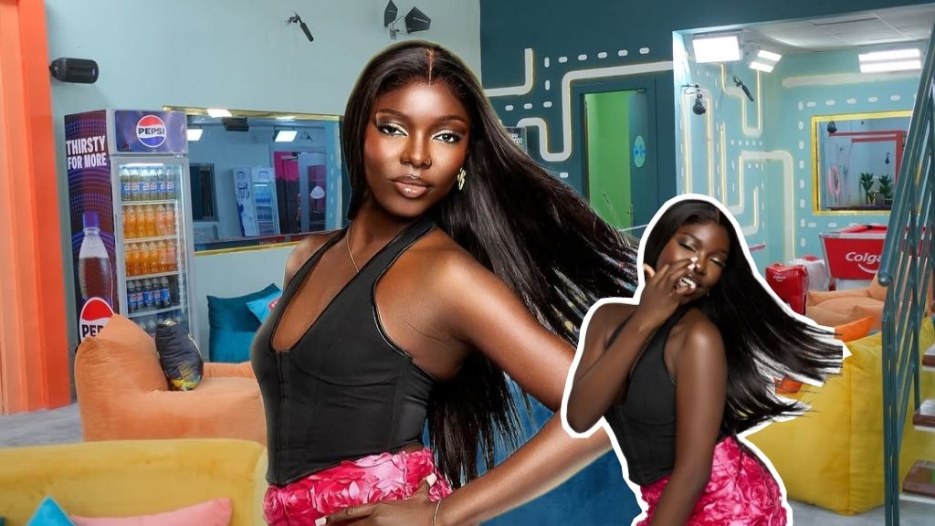 Big Brother Naija season 10 housemate Zita striking a confident pose in the lounge area of the Big Brother house, wearing a black top and floral skirt, with a playful second pose overlayed on the right.