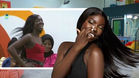 BBNaija housemate Zita smiles brightly while showing off her long flowing hair. A second frame shows her in a red dress laughing with fellow housemates inside the Big Brother house.