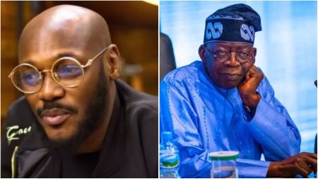 Side-by-side photo collage of Nigerian music legend 2Baba (Innocent Idibia) wearing glasses and a dark jacket on the left, and Nigerian President Bola Ahmed Tinubu dressed in traditional blue agbada attire with a cap, resting his face on his hand at a meeting on the right.