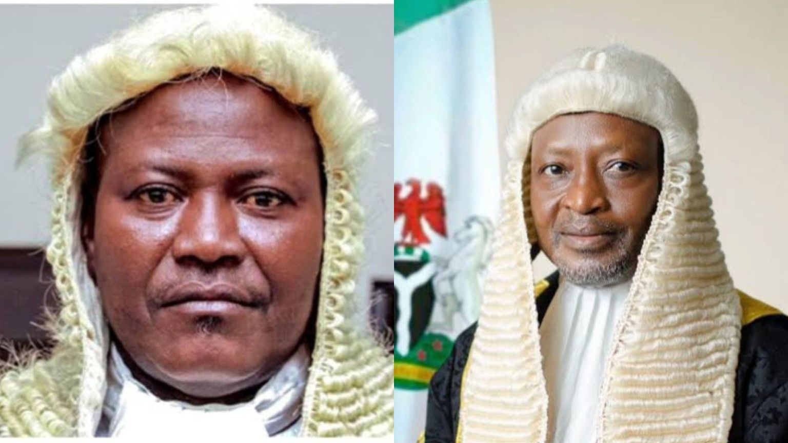 Side-by-side portraits of Nigerian judges in official wigs and robes, including Justice Adamu Aliyu, wearing traditional judicial attire with the Nigerian coat of arms visible in the background.