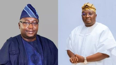 Nigerian politician Adebayo Adelabu pictured in two different traditional attires — on the left in a navy blue agbada with a matching cap, and on the right in a white agbada with a yellow cap and wristwatch.