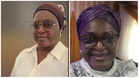 Side-by-side photos of Nigerian academic Adebimpe Akintola, wearing glasses and traditional head wraps.