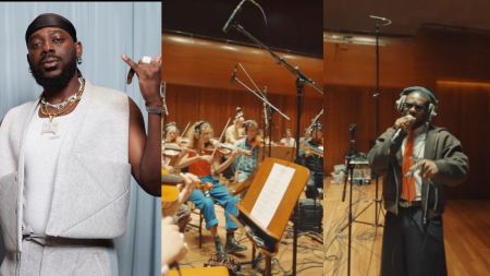 Collage showing Nigerian singer Adekunle Gold at an event and in a live session with the Guildhall Session Orchestra. The first frame shows him in a grey sleeveless jacket with layered jewellery, posing confidently. The second frame captures violinists performing inside a studio. The third frame shows Adekunle Gold singing passionately into a microphone while wearing headphones and dark sunglasses.