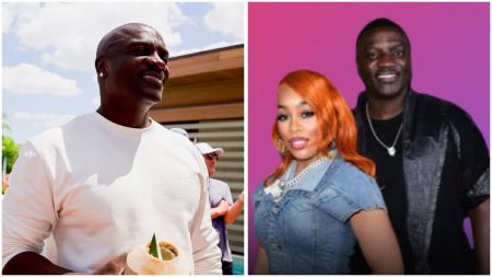 Singer Akon pictured in two moments — on the left, he is outdoors in a casual white sweatshirt holding a coconut drink, while on the right, he poses alongside his wife, Tomeka Thiam, who is dressed in a denim outfit with bright orange hair against a purple backdrop.