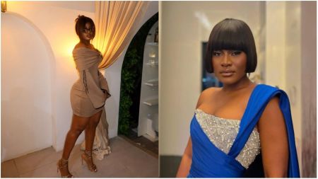 Side-by-side collage of Alex Unusual. On the left, she poses in a short off-shoulder beige dress with matching heels, standing by a draped curtain. On the right, she appears in a blue and silver evening gown with a sleek bob hairstyle.