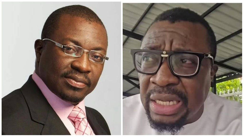 Side-by-side photos of Nigerian comedian Ali Baba. On the left, he is seen in a professional portrait wearing glasses, a black suit, and a pink tie, giving a slight smile. On the right, he appears in a candid video shot, also wearing glasses and a white outfit, speaking with a serious expression.