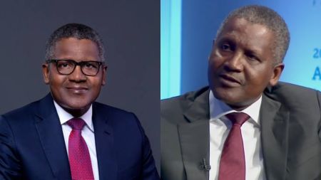 Dangote CEO Aliko Dangote wearing a safety helmet and suit at an industrial plant, set against refinery infrastructure in the background.