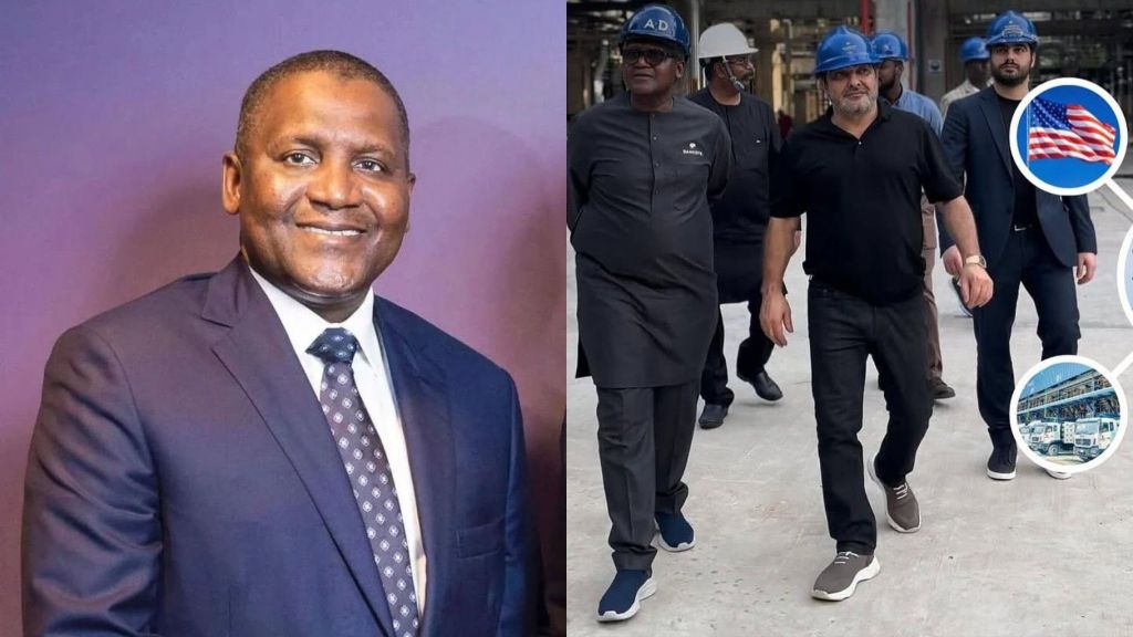 Nigerian billionaire Aliko Dangote in a suit smiles during a portrait photo, alongside another image showing him in a hard hat leading a team on-site at the Dangote Refinery with international partners.