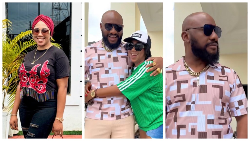 Amarach Igidimbah on green and white polo and Yul Edochie on a shirt while on a movie set.