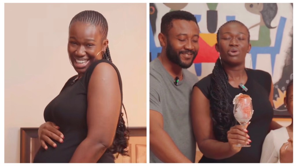 Real Warri Pikin and husband celebrate a pink-themed gender reveal at home.