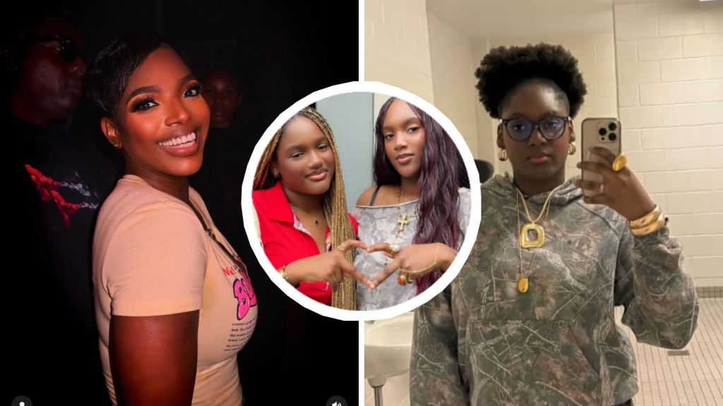 Nigerian actress Annie Idibia smiling at an event (left), her daughters Isabella and Olivia posing together making a heart shape with their hands (centre), and another photo of one of her daughters taking a mirror selfie (right).