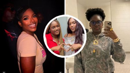 Nigerian actress Annie Idibia smiling at an event (left), her daughters Isabella and Olivia posing together making a heart shape with their hands (centre), and another photo of one of her daughters taking a mirror selfie (right).