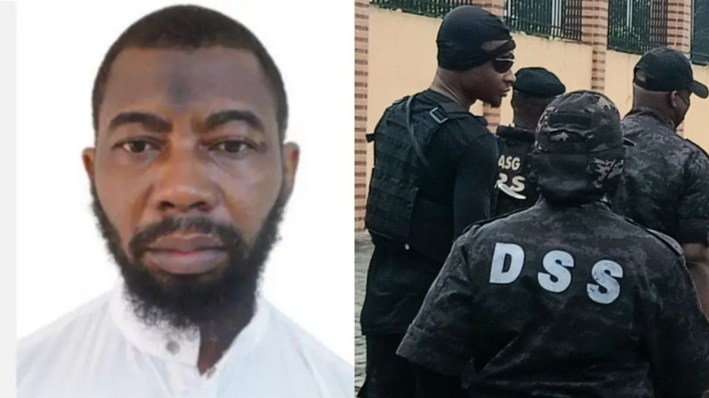 A collage showing a suspected Ansaru member in white attire on the left, and armed operatives of Nigeria’s Department of State Services (DSS) in black tactical gear on the right.