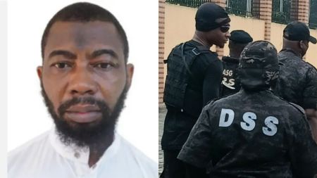 A collage showing a suspected Ansaru member in white attire on the left, and armed operatives of Nigeria’s Department of State Services (DSS) in black tactical gear on the right.