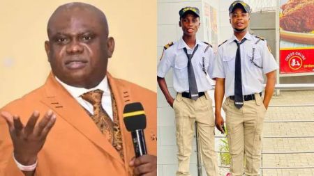 Apostle Chibuzo Chinyere speaks while holding a microphone, dressed in an orange suit, next to an image of two young men known as the “Happy Boys,” wearing security uniforms with caps and ties, standing side by side outdoors