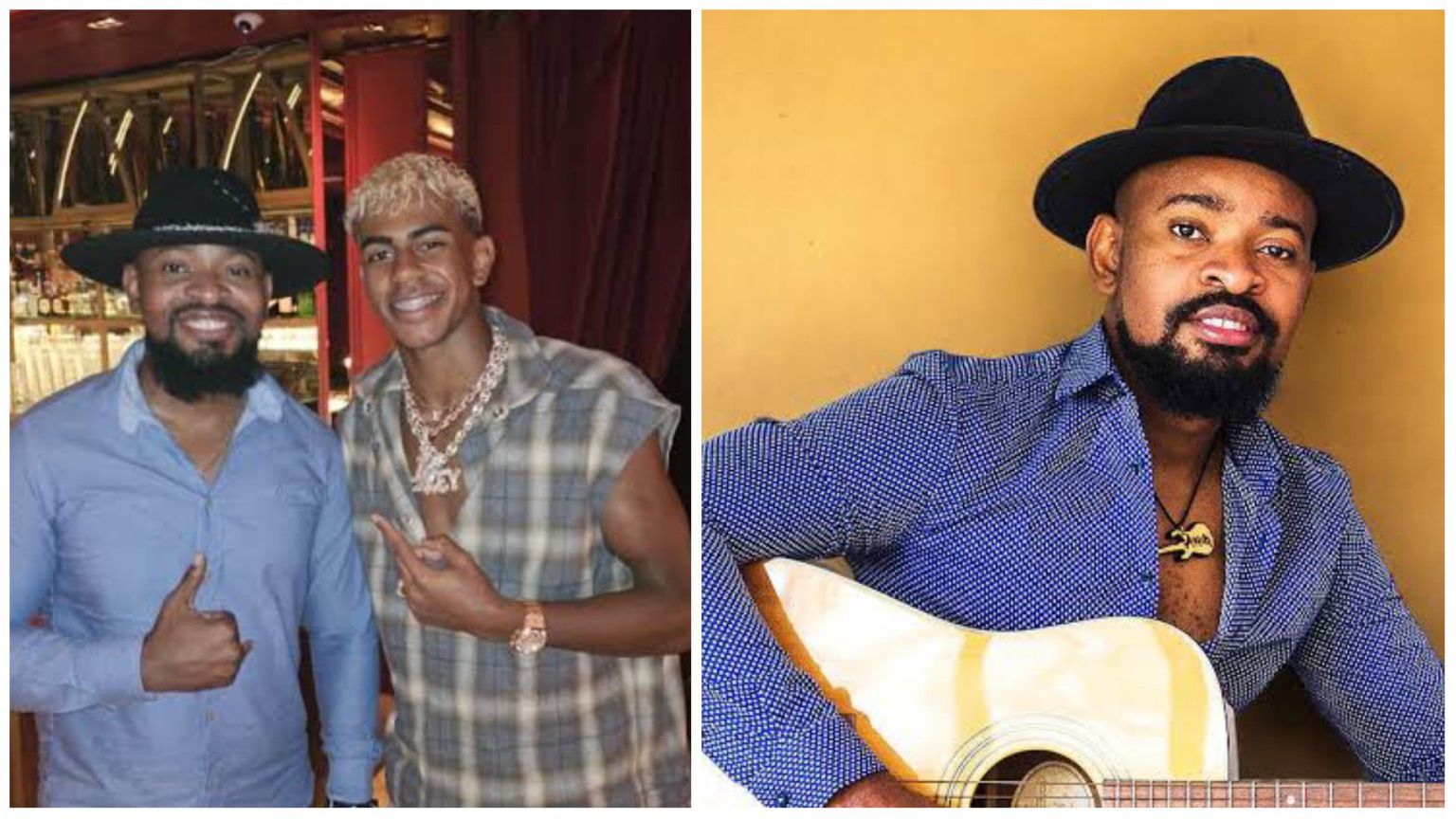 Nigerian singer Attih Soul poses with Spanish footballer Lamine Yamal in a bar, while another shot shows Attih Soul performing live on stage in a black hat with a microphone.
