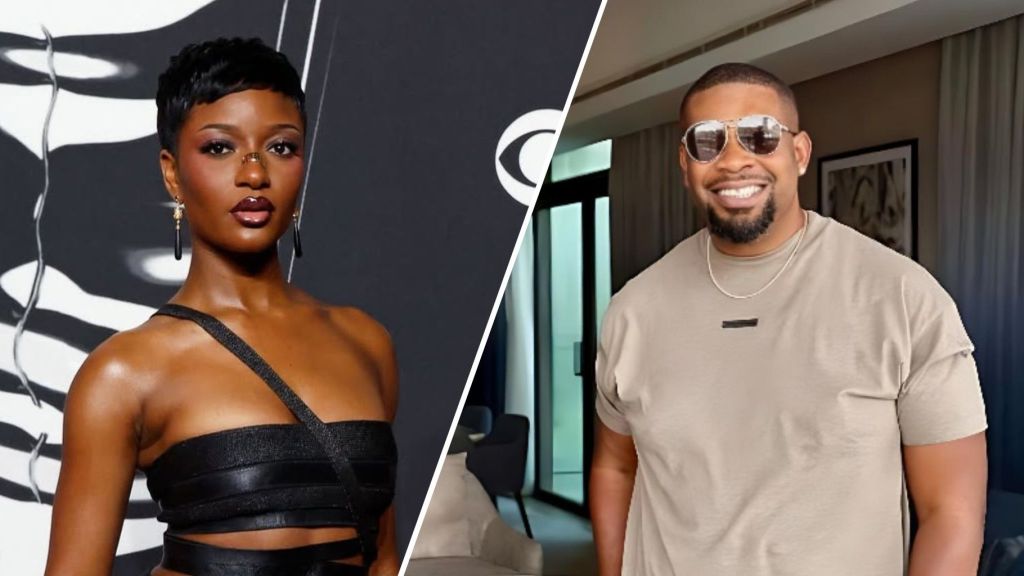 A split image featuring Nigerian singer Ayra Starr in a stylish black cut-out outfit with bold makeup at an event, and music executive Don Jazzy smiling in casual wear and sunglasses indoors.