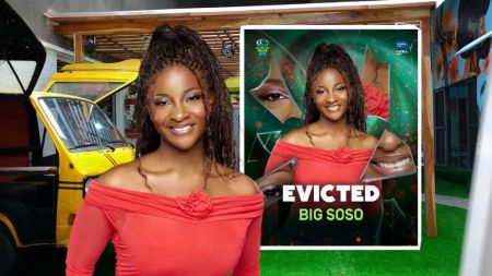 BBNaija Season 10 housemate Big Soso smiles in a red off-shoulder dress after her eviction. A graphic poster beside her shows the words “Evicted Big Soso,” highlighting her exit from the show.