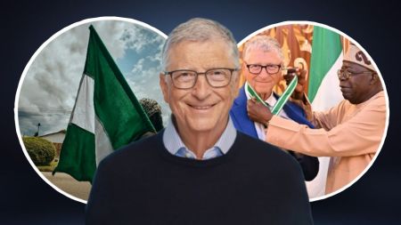 Bill Gates smiling in the foreground, with the Nigerian flag on the left and President Bola Ahmed Tinubu honouring him with a national award on the right.