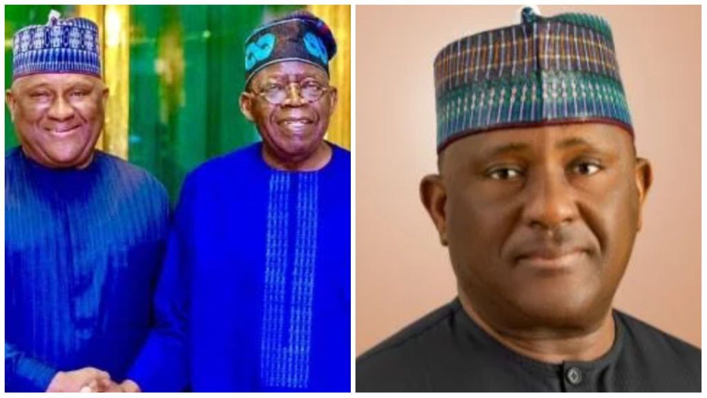 Nigerian President Bola Ahmed Tinubu pictured with billionaire businessman Abdul Samad Rabiu, both dressed in traditional attire, smiling and posing together.