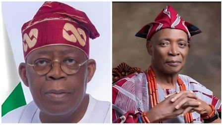 Nigerian President Bola Ahmed Tinubu (left) in traditional red agbada cap and glasses, and Olubadan of Ibadanland, Oba Rashidi Adewolu Ladoja (right), dressed in traditional Yoruba attire with coral beads.