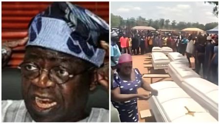 A split image showing Nigeria’s President Bola Ahmed Tinubu on the left, wearing a blue traditional cap and looking distressed, and on the right, a mass funeral scene with multiple white coffins lined up outdoors as mourners gather.
