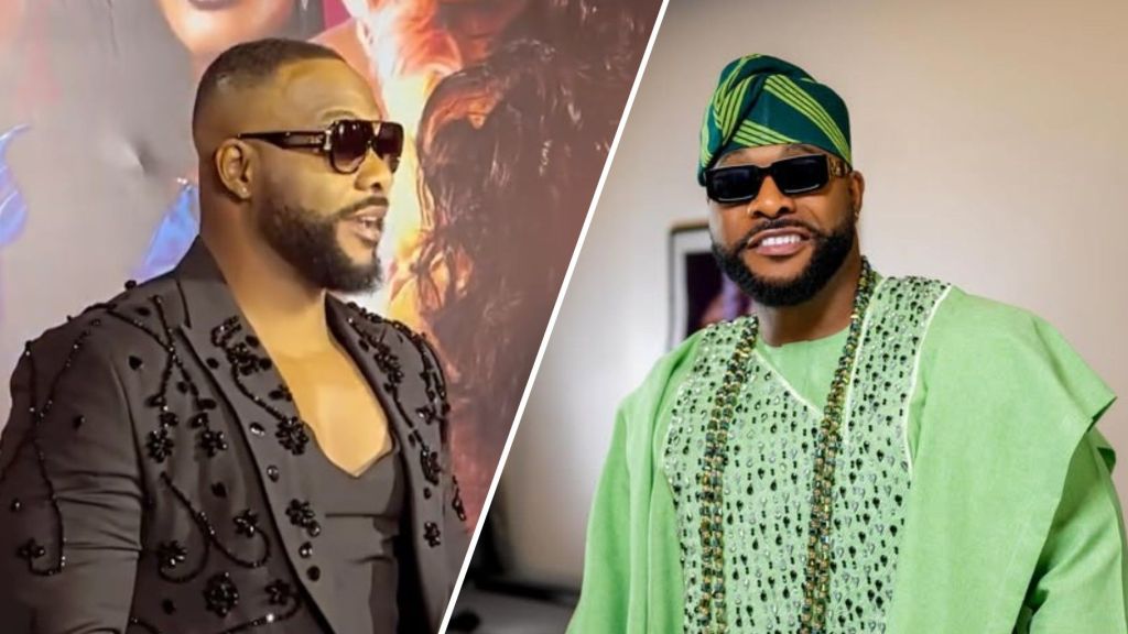 Nigerian actor Bolanle Ninalowo pictured in two stylish looks — one in a black embellished suit at a movie event and another in a green agbada with matching cap and beads.