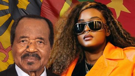 Collage photo showing Cameroonian President Paul Biya (left, in suit and tie) beside his daughter Brenda Biya (right, wearing oversized sunglasses, a nose ring, and an orange jacket) with the Cameroon flag in the background.