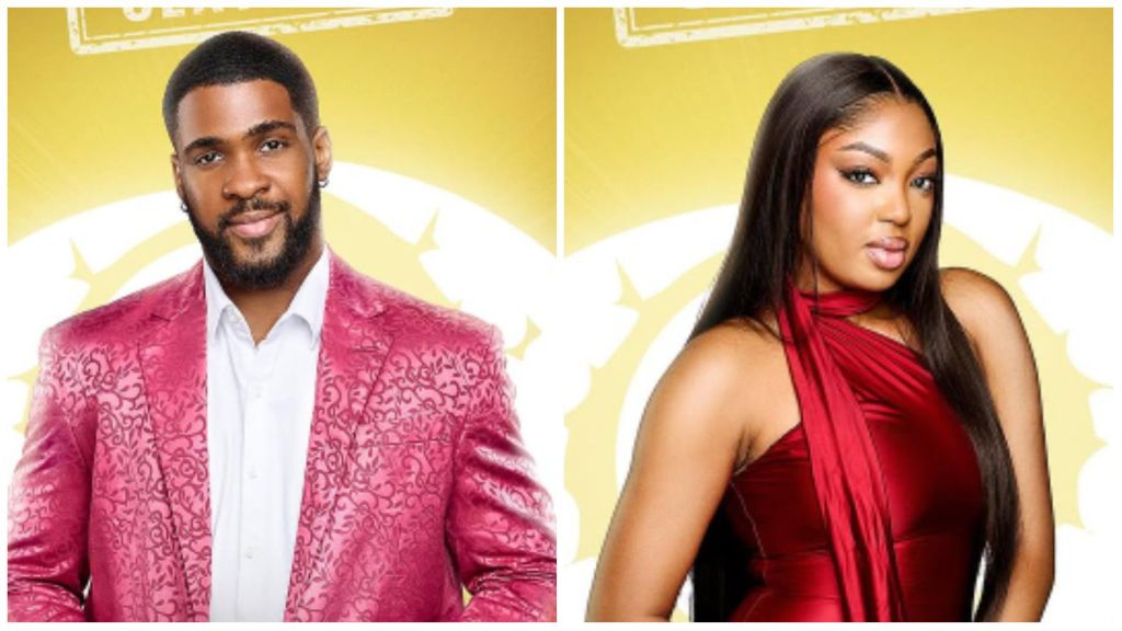 BBNaija housemates Bright and Mide pose for their official portraits. Bright wears a patterned pink suit jacket over a white shirt, while Mide is dressed in a sleeveless red satin outfit with a matching scarf detail.