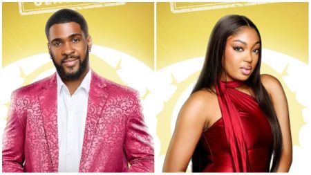 BBNaija housemates Bright and Mide pose for their official portraits. Bright wears a patterned pink suit jacket over a white shirt, while Mide is dressed in a sleeveless red satin outfit with a matching scarf detail.