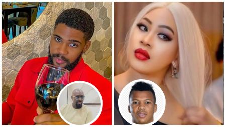 Collage showing Bright Morgan holding a glass of wine, his American girlfriend with blonde hair and red lipstick, and two smaller inset images featuring actor Jim Iyke and former footballer Uche Ikechukwu.
