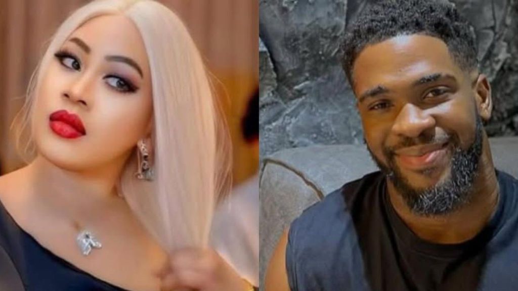 Side-by-side photo of Bright Morgan smiling in a casual black T-shirt, and his American girlfriend with platinum blonde hair, bold red lipstick, and silver jewellery, striking a stylish pose.