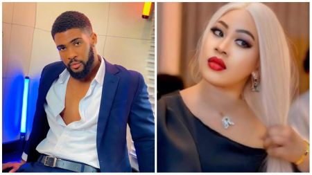 Side-by-side photo of Bright Morgan in a blue suit with a partly open white shirt, posing indoors, and his girlfriend with long blonde hair, bold red lipstick, and black outfit, adjusting her hair while looking away.