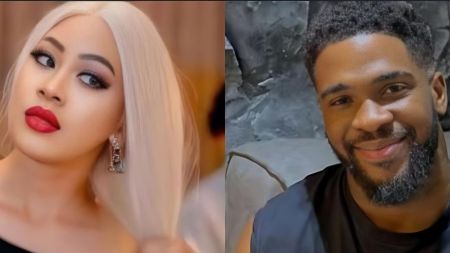 Side-by-side portrait of Bright Morgan and his ex-girlfriend. Bright is seen smiling in a casual black outfit, while his ex-girlfriend poses with platinum blonde hair, bold red lipstick, and elegant earrings