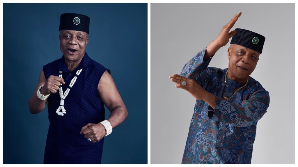 Bright Chimezie in patterned blue native attire and black cap, arms raised in a dance pose.