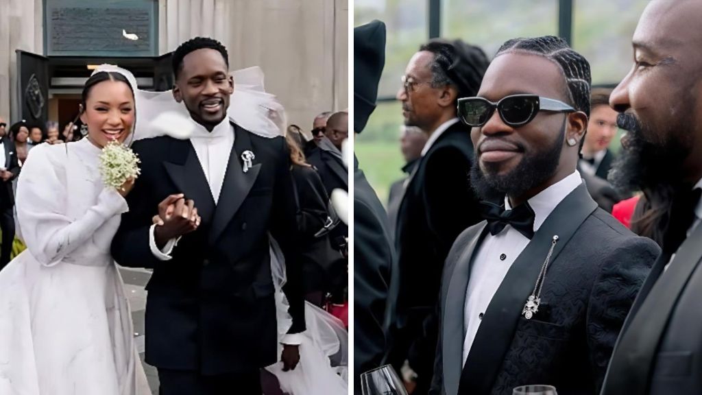 Left: Nigerian singer Mr Eazi and his wife, Temiloluwa Otedola, smiling and holding hands in wedding attire as they exit the church after their wedding ceremony. Temi wears a white gown and veil, holding a small bouquet, while Mr Eazi is dressed in a black suit with satin lapels. Right: Nigerian comedian Broda Shaggi in a black tuxedo, bow tie, and sunglasses, smiling while holding a glass at the wedding reception.