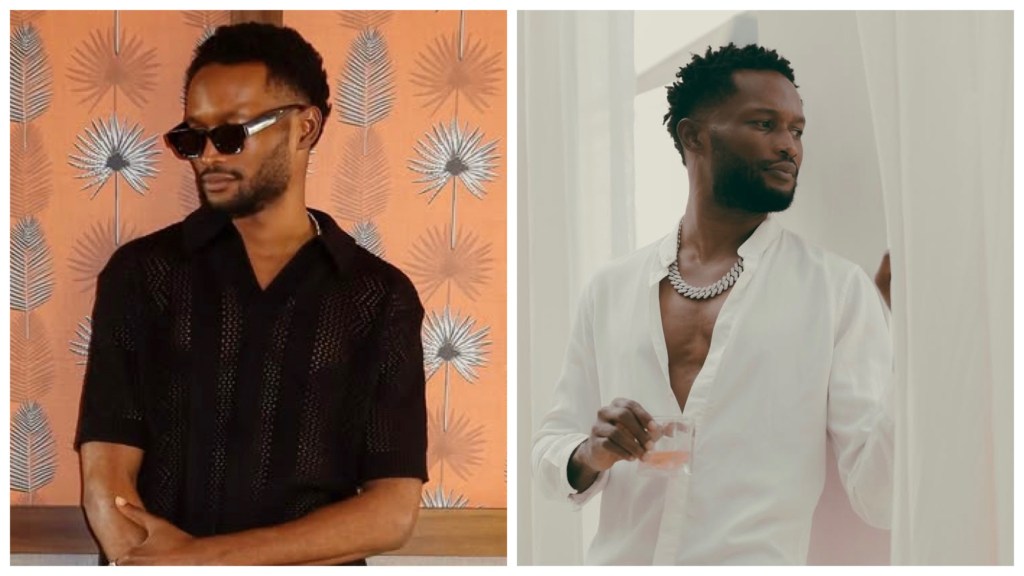 Bucci Franklin in a black mesh shirt and dark sunglasses also him in a white open-neck shirt with a chunky chain, holding a drink.